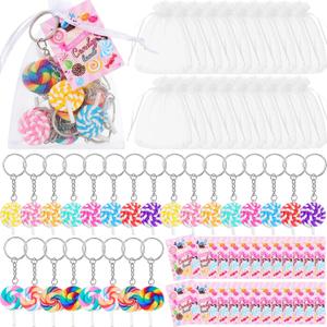 74 Pcs Candy Party Favors Set Sweet Lollipops Keychains Charms Clear Organza Bags and Candy Tags Candy Theme Party Decorations for Lollipop Birthday Baby Shower Supplies