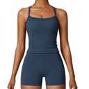 ABOCIW Workout Sets for Women 2 Piece Padded Sports Bra Tank High Waist Booty Gym Shorts Active Wear Yoga Outfits Navy Blue Large