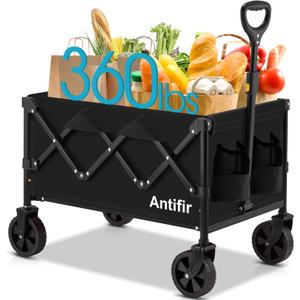 Collapsible Foldable Wagon with Wheels 360 LBS,Heavy Duty Folding Utility Cart for Groceries,Shopping,Garden,Camping,Outdoor,2 Drink Holders,Black