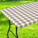 Rectangle Vinyl Table Cloth, Waterproof Elastic Fitted Tablecloth with Flannel Backing, Plastic Table Cover for Picnic, Camping, Outdoor (Khaki & White, 30"x72")