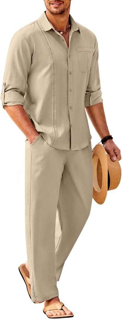 COOFANDY Mens Linen Sets 2 Piece Long Sleeve Button Down Cuban Shirt and Pants Set Summer Beach Set Outfits (Large, Khaki)