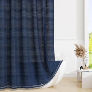 Long Boho Farmhouse Shower Curtain Set with Tassel, Linen Bohemian French Country Chic Bathroom Shower Curtain Set, Modern Striped Textured Shower Curtain 72x78 - Navy Blue
