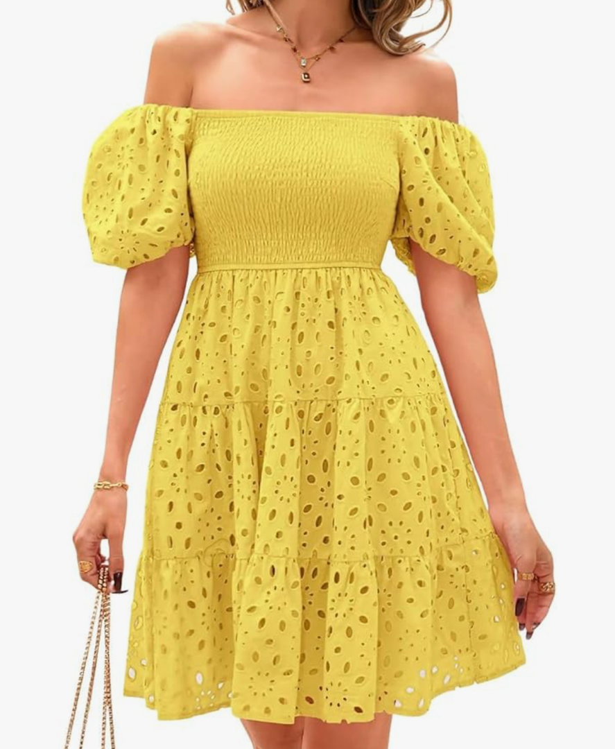 chouyatou Women's 2025 Eyelet Lace Embroidery Smocked Dress Square Neck Puff Sleeve Off Shoulder Tiered Mini Dress Size S