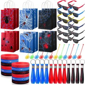 60 Pcs Spider Party Favors Include Spider Sunglasses, Web Gift Tote Bags, Blue Red Black Rubber Wristbands, Silicone Keychains and Sticky Webs for Birthday Comic Themed Party Decoration