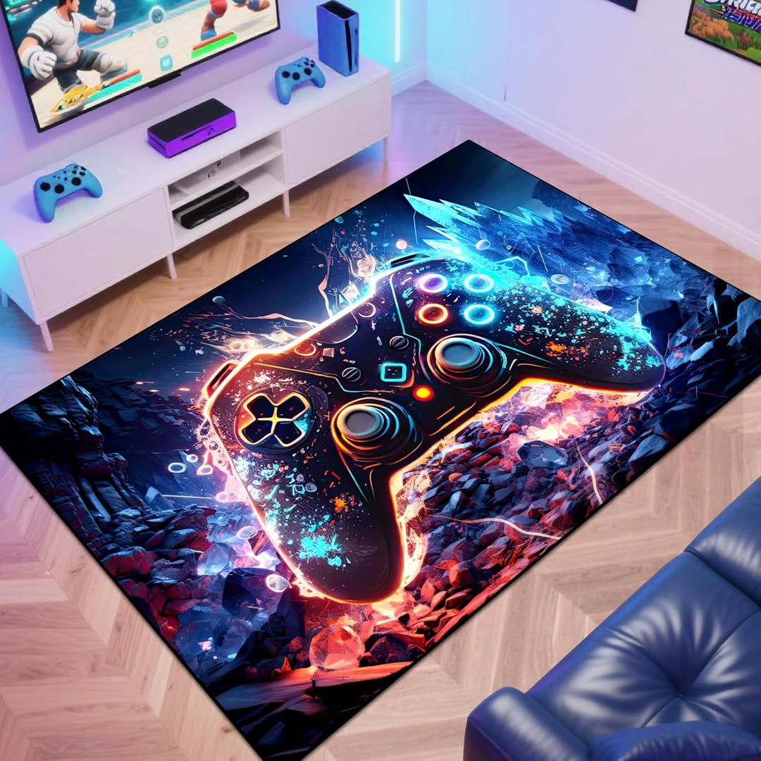 Gaming Area Rug Teen Boys Carpet, Colorful Gamepad Background Game Controller Design for Game Room, Boys Girls Bedroom Playroom, Living Room (Crystal Cave, 79" x 59") (4'11" x 6'7" (Rectangular))