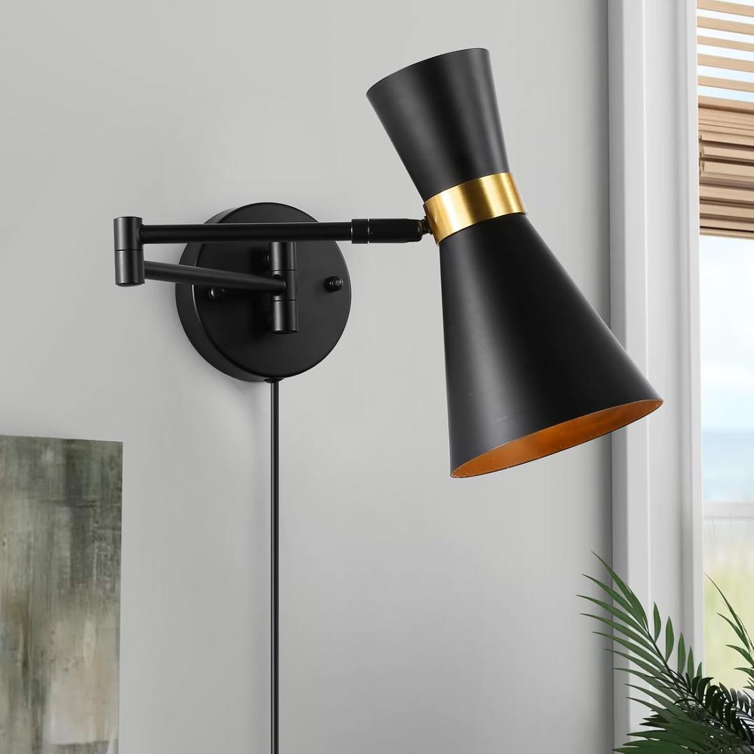 Modern Swing Arm Wall Sconce, Plug In Wall Lamp For Bedroom Bedside, Universal Adjustable Cordless Wall Light Fixtures, Foldable Wall Mount Reading Lamp For Living Room, Black (1 Pack Black)