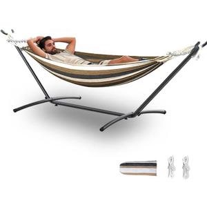Double Hammock with Stand, 2 Person Hammock with Carrying Bag,Heavy Duty Portable,500 lb Capacity, Perfect for Both Indoors and Outdoors,Coffee