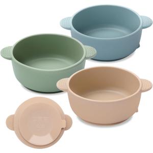 Baby Bowls with Suction, 3 Pack Baby Led Weaning Supplies, Soft Silicone Food Bowl for Babies Kids Toddlers, BPA Free, Microwave and Dishwasher Safe, Multicolor (Blue)
