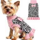 WOYYHO Dog Sweater Dress for Small Dogs Girl with Bowtie Turtleneck Dog Sweaters with Leash Hole Warm Knitted Puppy Sweater Pet Dogs Winter Clothes for Yorkies Chihuahua (S, Pink Leopard Dress)