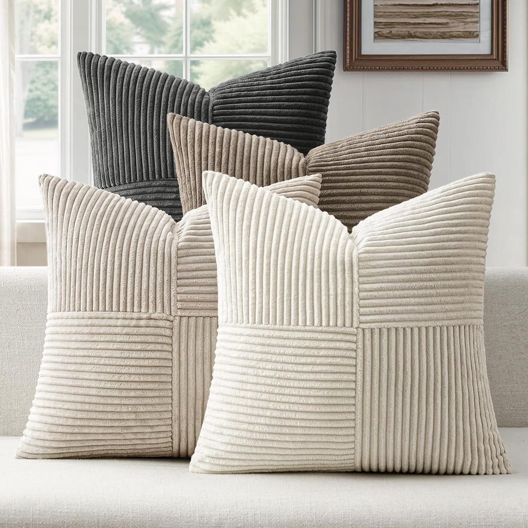 ANRODUO Pack of 4 Decorative Throw Pillows for Couch Neutral Gray 16x16 Inch Boho Cozy Soft Corduroy Cushion Covers Farmhouse Accent Pillowcases for Mid Century Summer Home Decor Sofa Bed Living Room