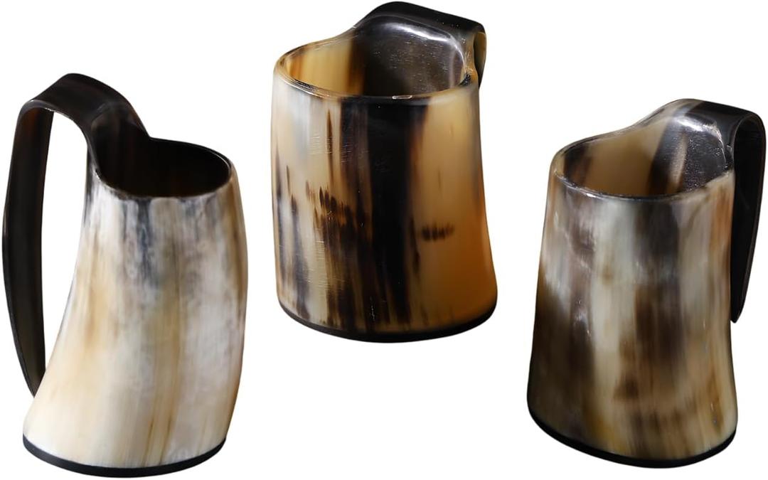 Handicrafts Home Viking Drinking Horn Mug Set of 3  Real Natural Ox Horn Beer Mug with Handle, Handmade Medieval Viking Horn Drinking Mug for Mead, Beer, Coffee & Wine, Unique Viking Gifts for Men
