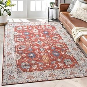 Zedrew 5x7 Washable Area Rugs for Living Room, Non-Slip Rug for Bedroom Non Slip Floral Vintage Print Rug Low Pile Carpet for Dining Kids Room Playroom Nursery Home Decor (Red, 5x7)