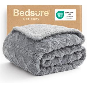 Bedsure Gentlesoft Sherpa Fleece Throw Blanket for Couch - Fluffy & Cozy Cable Jacquard Tufted Women Throw Gifts for Mom Mothers Day and Decor, Thick and Warm Blankets for Winter, Grey, 50x60 Inches