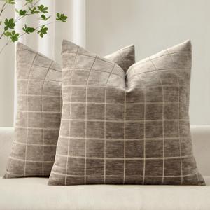 MIULEE Decorative Chenille Check Throw Pillow Covers Vintage Plaid Couch Pillows 18x18 Inch Set of 2 Neutral Boho Farmhouse Cushion Covers Modern Spring Home Decor for Sofa Bed Living Room Taupe Grey