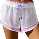 Fisoew Women Athletic Shorts 2 in 1 Running High Split Color Block Workout Yoga Mesh Shorts Pocket Drawstring (Purple, M)
