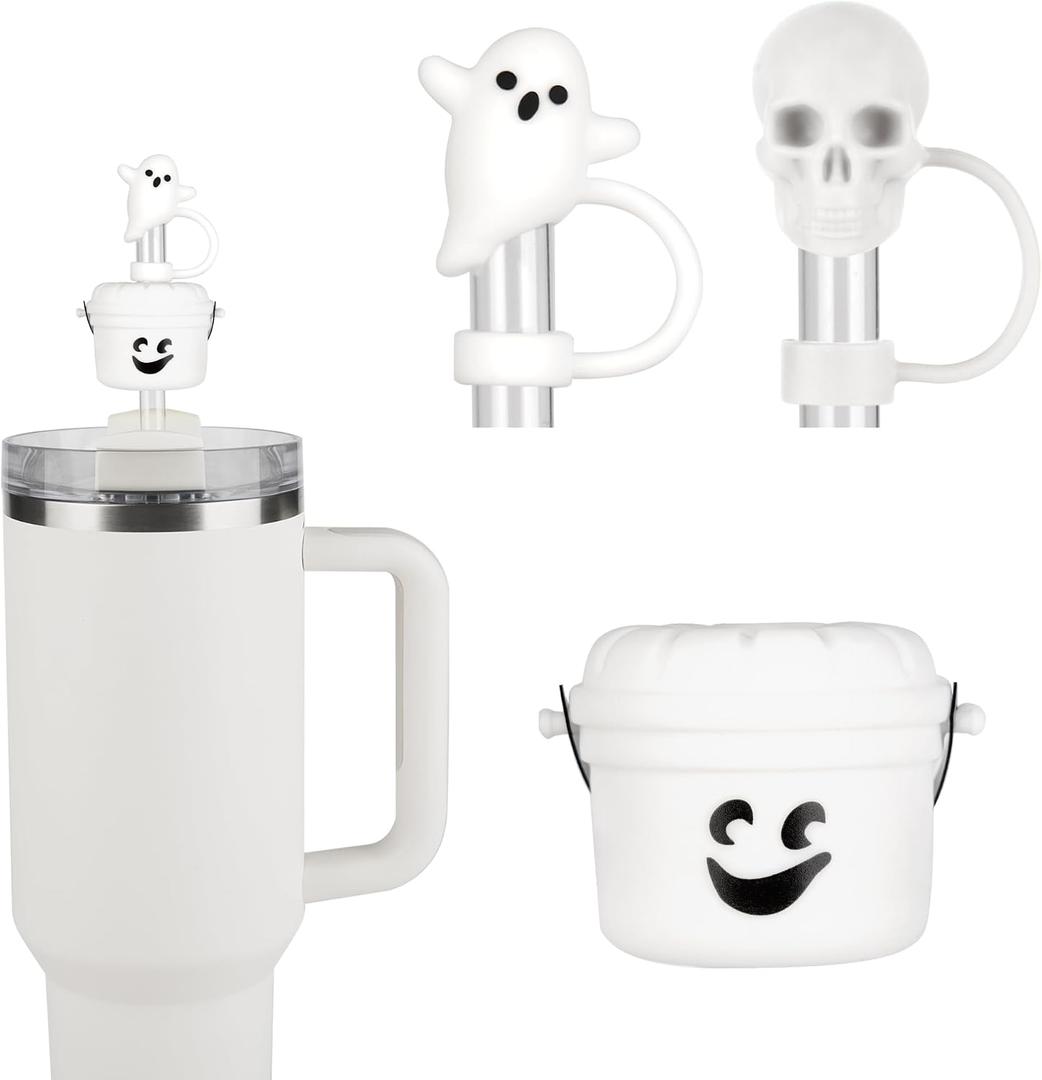 3 x Funny Halloween Buckets Straw Covers for Stanley Cup - Cute Ghost Skull Toppers Compatible With 30&40 OZ 10mm Straw, Halloween Covers Cap for Tumble Cups, Manual