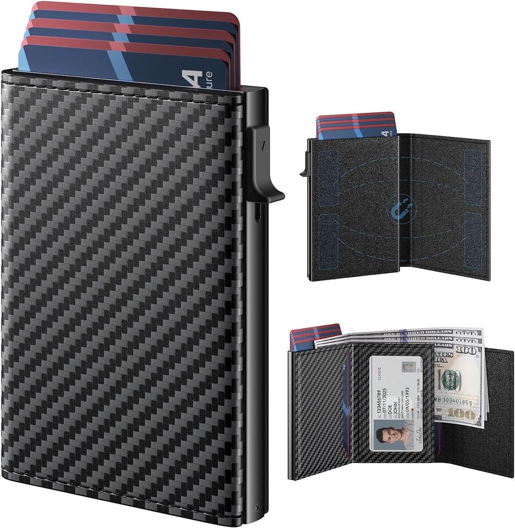 typecase Men's Wallet Card Holder: Pop Up Aluminum Case, Genuine Leather, Smart, RFID Blocking, Slim, Minimalist, Front Pocket - 9-14 Card Capacity | ID Window | Cash Slot (Carbon Fiber)