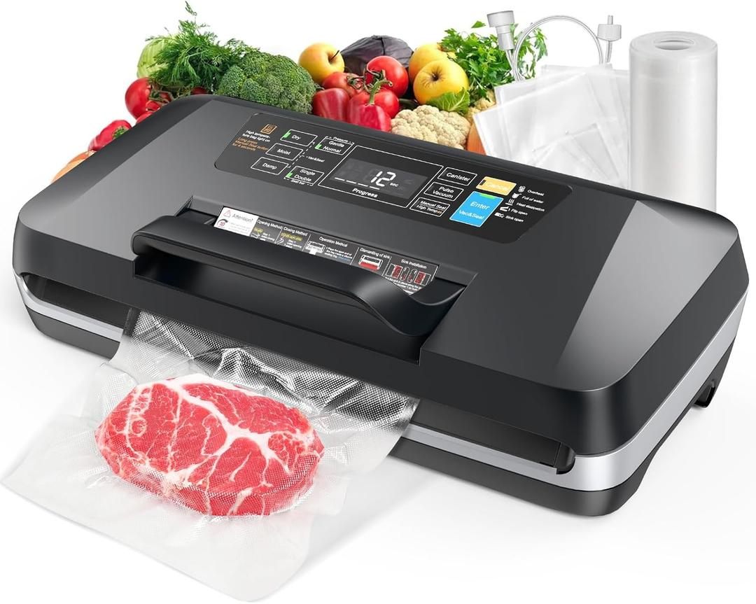 Vacuum Sealer Machine, 95Kpa Powerful Suction System Commercial Full Automatic Vaccum Sealer with Built-in Cutter & Bag Storage, Includes 1 Bag Roll + 10 Pre-cut Bags