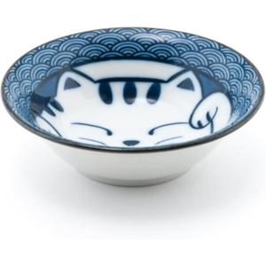 Needzo Cute Japanese Kitchenware Dish, Blue and White Lucky Meow Ceramic Microwavable Dinnerware (4.75 Dish)