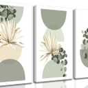 3 Pcs Neutral Abstract Boho Canvas Wall Art Beige Sage Green Mid Century Modern Plants Bohemia Pictures Wall Decor Posters Prints for Bedroom Living Room Bathroom Office Home Decoration