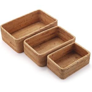 Natural Rattan Fruit Storage Baskets Rectangular Woven Wicker Box for Key Holder Remote Stackable Natural, Set of 3