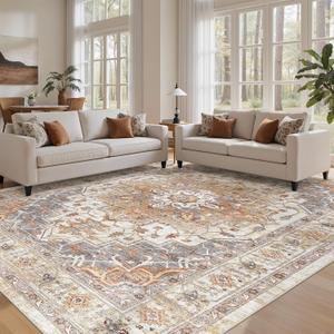 befbee 9x12 Area Rugs for Living Room,Ultra-Thin Washable Rug, Non-Slip Lightweight Foldable Area Rug, Stain Resistant Vintage Large Rugs(Turmeric/Grey, 9'x12')