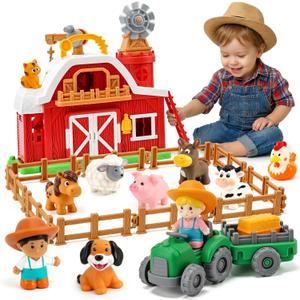 Toddler Farm Toys for 2 3 Year Old-All-in-One Barn Toy Set with Farm Animal Figures for Toddlers,Tractor&Fence,Educational Montessori-style Play Sets with Light&Sounds,Pretend Play Gift for Boys Girls