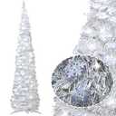 5FT Pop up Christmas Tree for Indoor Decoration Pre-lit Mini Christmas Tree with 60 Lights, Silver White Artificial Pencil Tree Collapsible Tinsel Lighted up Christmas Tree with Snowflake Glitter