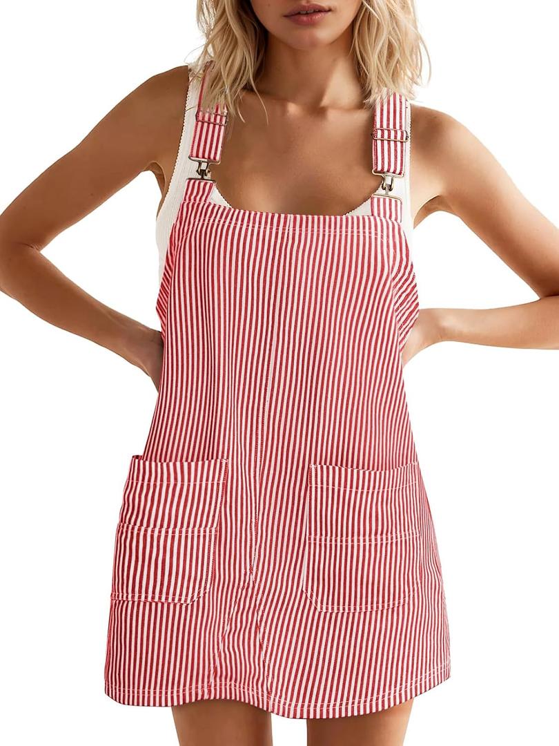 Yousify Womens Striped Denim Overalls Dress Casual Adjustable Straps Striped Jeans Dress Summer Sleeveless Short Rompers Red X-Large