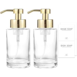Foaming Soap Dispenser Set, 12 Oz Glass Hand Soap Dispenser with 304 Rust Proof Stainless Steel Pump, Waterproof Labels, for Bathroom Decor Kitchen College Dorm, Clear Gold Pump 2 Pack