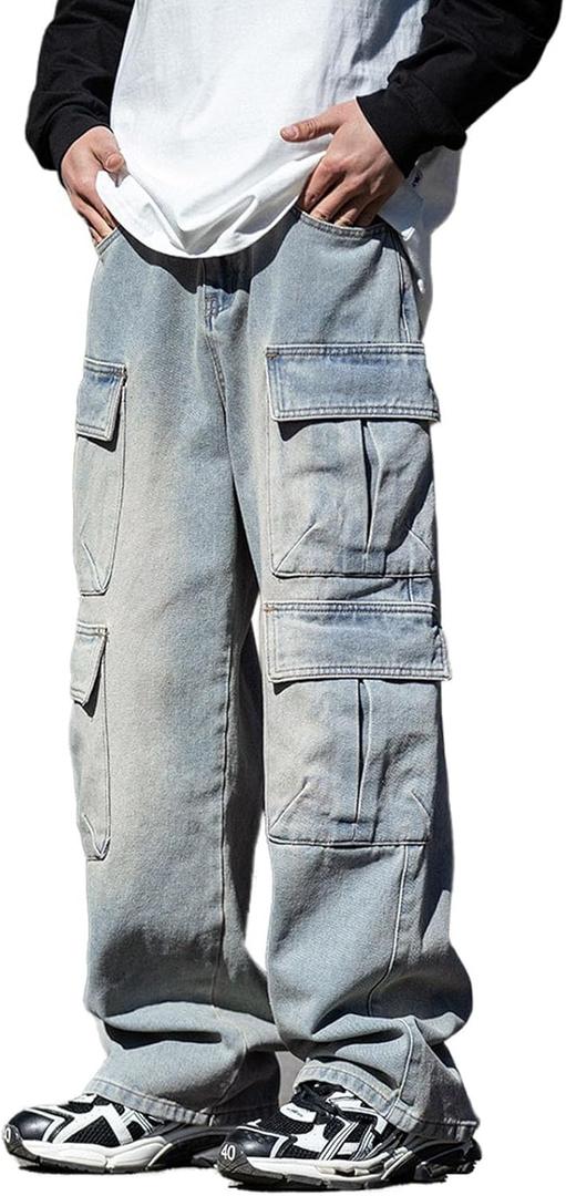 Baggy Cargo Jeans Men Teen Boys Casual Loose Jeans Flap Pockets Y2k Denim Pants 90s Hip Hop Streetwear (Small, Blue)