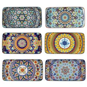 Glowworm 10.5 Inch Rectangular Dinner Plates, Ceramic Salad Plates Set of 6, Porcelain Serving Platters for Dessert, Appetizer, Microwave & Oven Safe, Bohemian