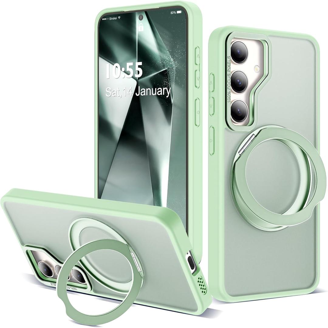 Samsung Galaxy S25 Case with 360°Rotatable Magnetic Ring Stand Compatible with Mag-Safe Military Protection Shockproof Matte Translucent Phone Cases for Samsung Galaxy S25,Green