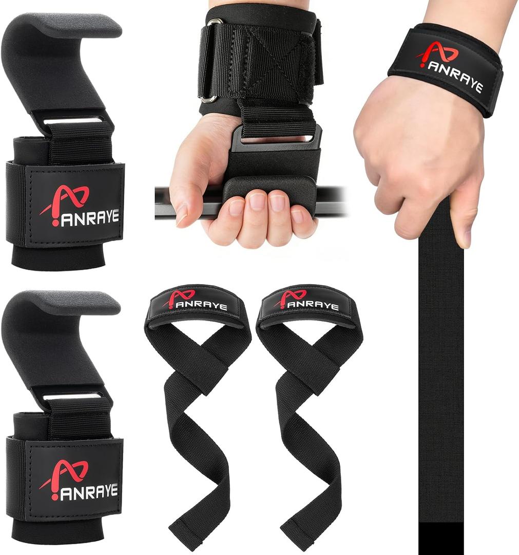 Weight Lifting Hooks & Wrist Straps Set – Lifting Hooks with Anti-Slip Grip, Adjustable Wrist Wraps for Weightlifting, Deadlifts, Powerlifting, Gym Straps for Men and Women, Black-Red