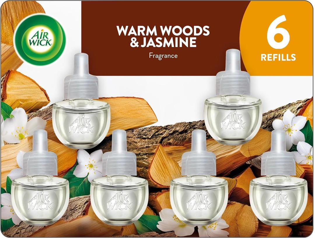 AIR WICK Plug In Scented Oil Air Freshener Refill Pack - 6 Count Oil Refill Warm Woods & Jasmine 6 ct., Essential Oils