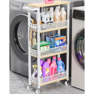 Giwil 4-Tier Slim Rolling Storage Cart for Kitchen Bathroom Organizer, Mobile Narrow Storage Cabinet Utility Cart with Wood Rack on Wheels for Pantry Laundry Small Space, White