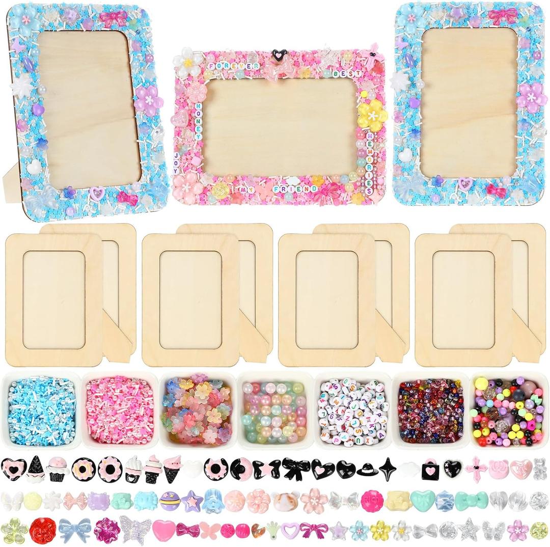 Thyle 4 Pack Mosaic Picture Frame Painting Craft Kit for 4 x 6 Inch Photo 4 Pcs DIY Unfinished Wooden Picture Frames with Beads Stickers Tweezers for DIY Craft Gifts