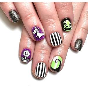 RUOKEXIN Halloween Press on Nails Extra Short Fake Nails Horror Skeleton False Nails with Green Monster Designs Glitter Glue on Nails Glossy Artificial Nails Holiday Stick on Nails for Women 24Pcs