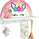 Garybank Unicorn Wall Shelf Decor for Girls Bedroom, Rainbow Decoration Kids Coat Rack with Hooks, Floating Stand Wall Mounted Kids Coat Rack Decor for Girls Bedroom, Wooden Peg Shelf for Clothes
