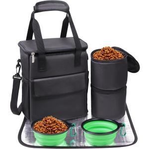Dog Travel Bag for Camping - Weekend Pet Accessories With 2 Collapsible Bowls, 2 Food Containers, 1 Waterproof Feeding Mat - S, Black Dog Travel Bag for Camping - Weekend Pet Accessories With 2 Collapsible Bowls, 2 Food Containers, 1 Waterproof Feeding Mat - S, Black