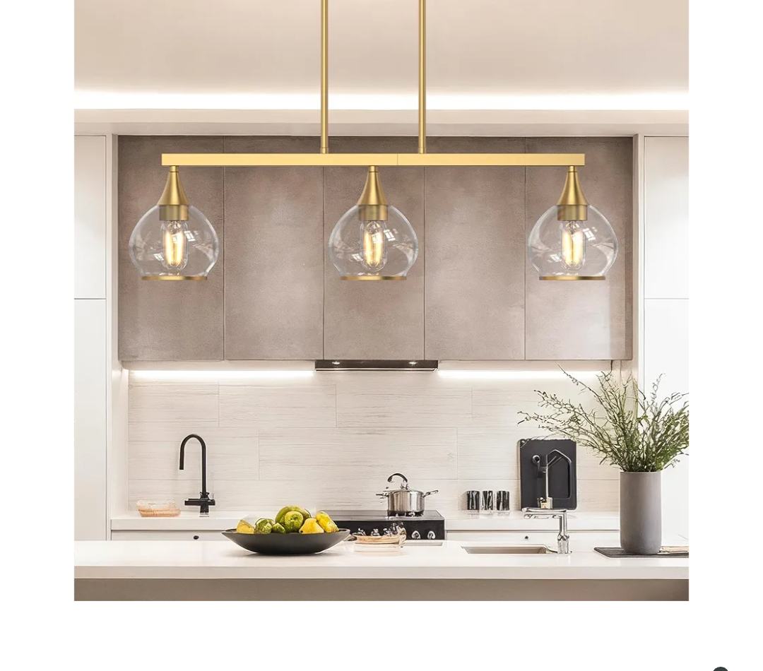 3-Light Gold Kitchen Island Linear Pendant Light, Brushed Gold Dining Room Chandelier with Clear Glass Globe Shades, Modern Linear Island Lighting Fixture Over Table
