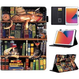 Cute Cat for iPad 10.2 9th Generation Case 9th/8th/7th Gen (10.2-inch, 2021/2020/2019), Premium PU Leather Smart Folio Stand Cover with Auto Sleep Wake&Multiple Viewing Angles, Bookshelf Cat