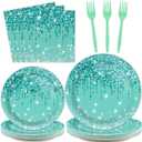 96 Pcs Teal and Silver Tableware Set for 24 Guests Happy Birthday Table Decorations Breakfast Blue Birthday Theme Dessert Plates Napkins Forks for Girls Women Silver Glitter Party Supplies