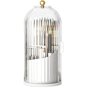 Birdcage-Style Concealed Toothbrush Holder Sliding Lid Bathroom Counter Organizer Tooth Brush Holder for Bathroom 360 Rotating Waterproof Dustproof Makeup Brushes Storage for Vanity (White)