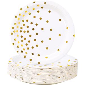 White and Gold Party Supplies, Gold Dot Paper Dessert Plates (50-Count), Classic-50PCS