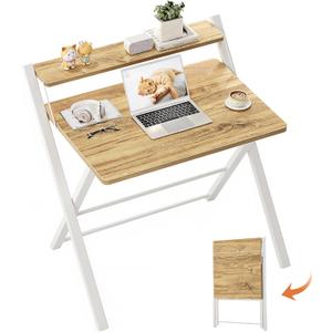 GreenForest Portable Small Desk No Assembly, 2-Tier Compact Computer Desk with Shelf, Space Saving Foldable Table for Home Office, Bedroom or Apartment, Portable Collapsible Sturdy Laptop Desk, Oak