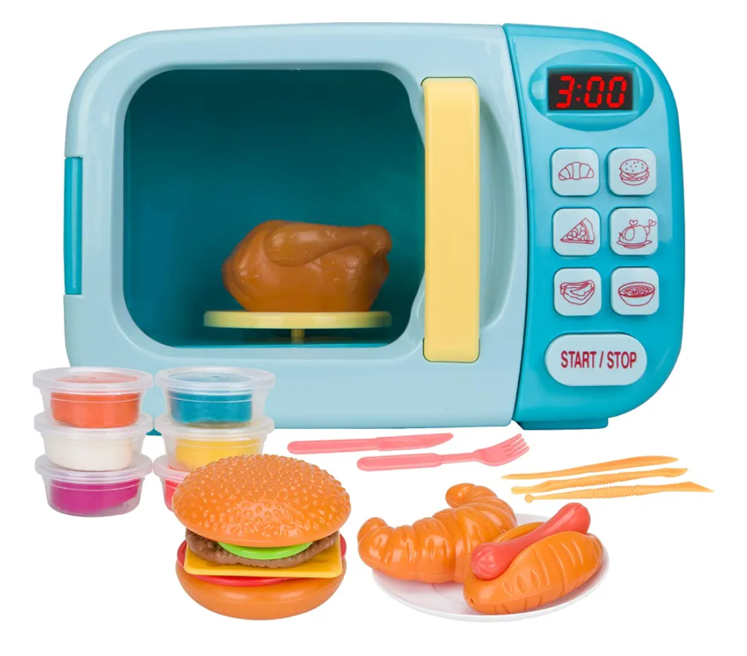 Microwave Toys Kitchen Play Set with Light Sound,Kids Pretend Play Electronic Oven with Play Food and 6 Color DIY Play-Dough for Children Ages 3+ Years (Blue)