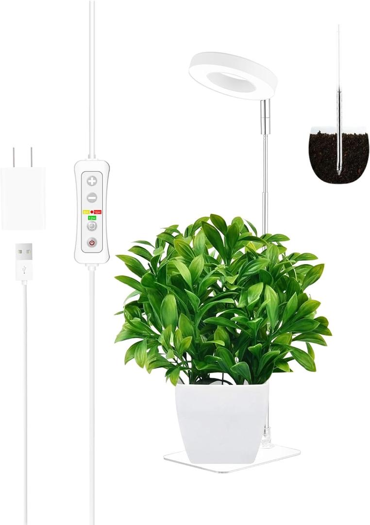 yadoker Halo Plant Grow Light, LED Growing Light Full Spectrum for Indoor Plants,Height Adjustable, Automatic Timer, 5V Low Safe Voltage,Idea for Small Plants (1 Pack, White With Base)