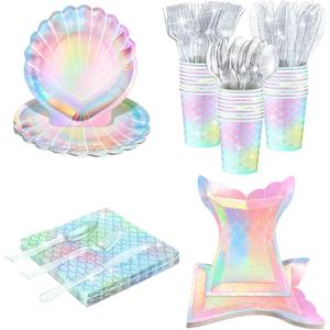 Cunhill 144 Pcs Mermaid Party Supplies Disposable Paper Tableware Holographic Shell and Tail Plates Napkins Cups Spoons Fork Knives for Baby Shower Birthday Party Decorations, Serve 24