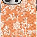 for iPhone 16 Pro Max Case, Cute Vintage Lace Flower Pattern Phone Case for Women Girls, Aesthetic Elegant Hybrid 2-Layer Hard Shell Protective Cover, Orange & White Floral Lace